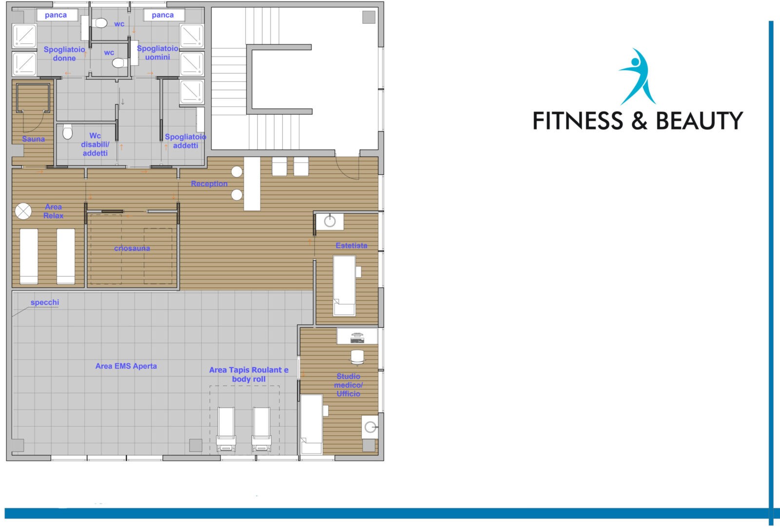 Pianta del nuovo centro fitness&beauty, con le aree etichettate per i servizi e le strutture.