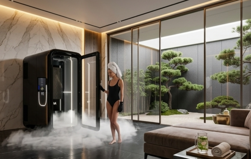 Una donna in costume da bagno e guanti è in piedi accanto a una cabina di crioterapia aperta in una stanza moderna.