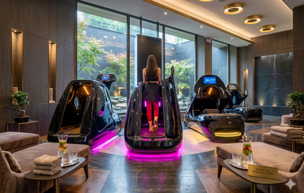Una donna si trova in una moderna spa con cabine benessere, luci soffuse e ampie vetrate.