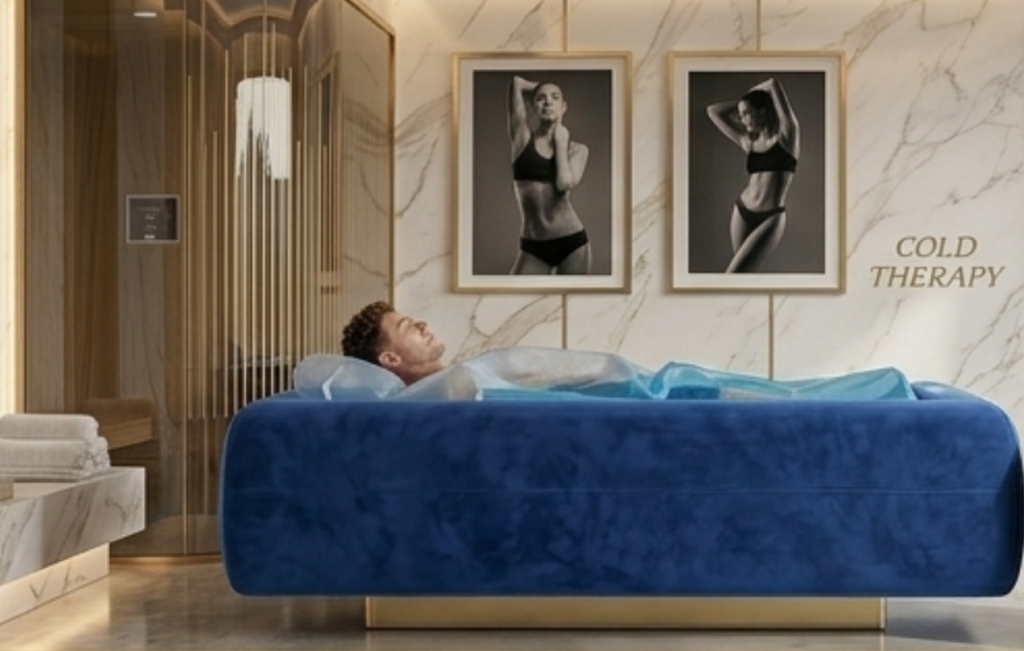 Un uomo disteso su un lettino blu per la terapia del freddo in una stanza moderna con pareti in marmo e foto alle pareti.