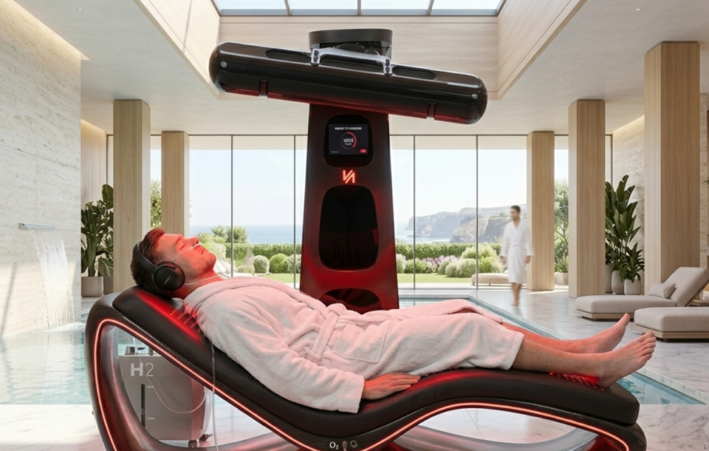 Un uomo in accappatoio si rilassa in casa su una poltrona massaggiante dal design futuristico, con le cuffie.