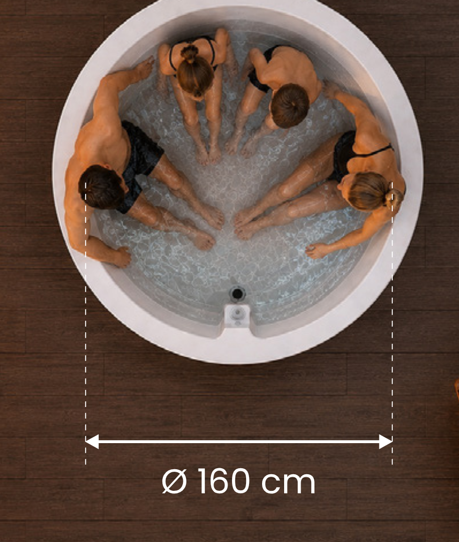 Quattro persone sedute in una vasca bagno nordico del diametro di 160 cm.