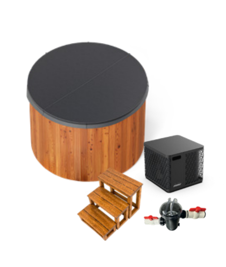 Vasca idromassaggio Bagno Nordico rotonda in legno con copertura, scaletta abbinata, riscaldatore e filtro.