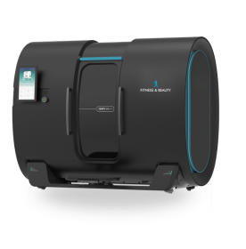 Cabina per esercizi Black Fitness & Beauty con display touchscreen laterale.